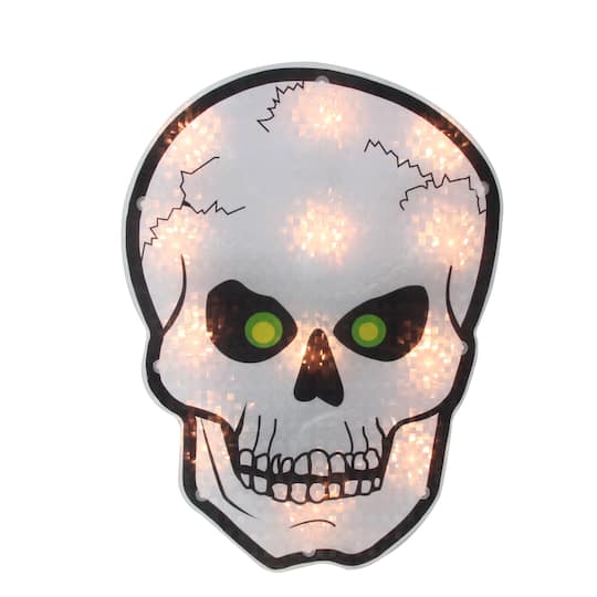 12&#x22; Silver &#x26; Black Holographic Lighted Skull Halloween Window Silhouette Decoration